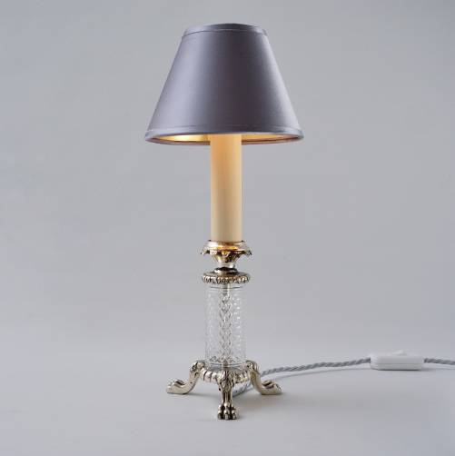 Palm tree table lamp on lion feet by Stuart Crystal, signed, silver plate, 1920`s ca, English